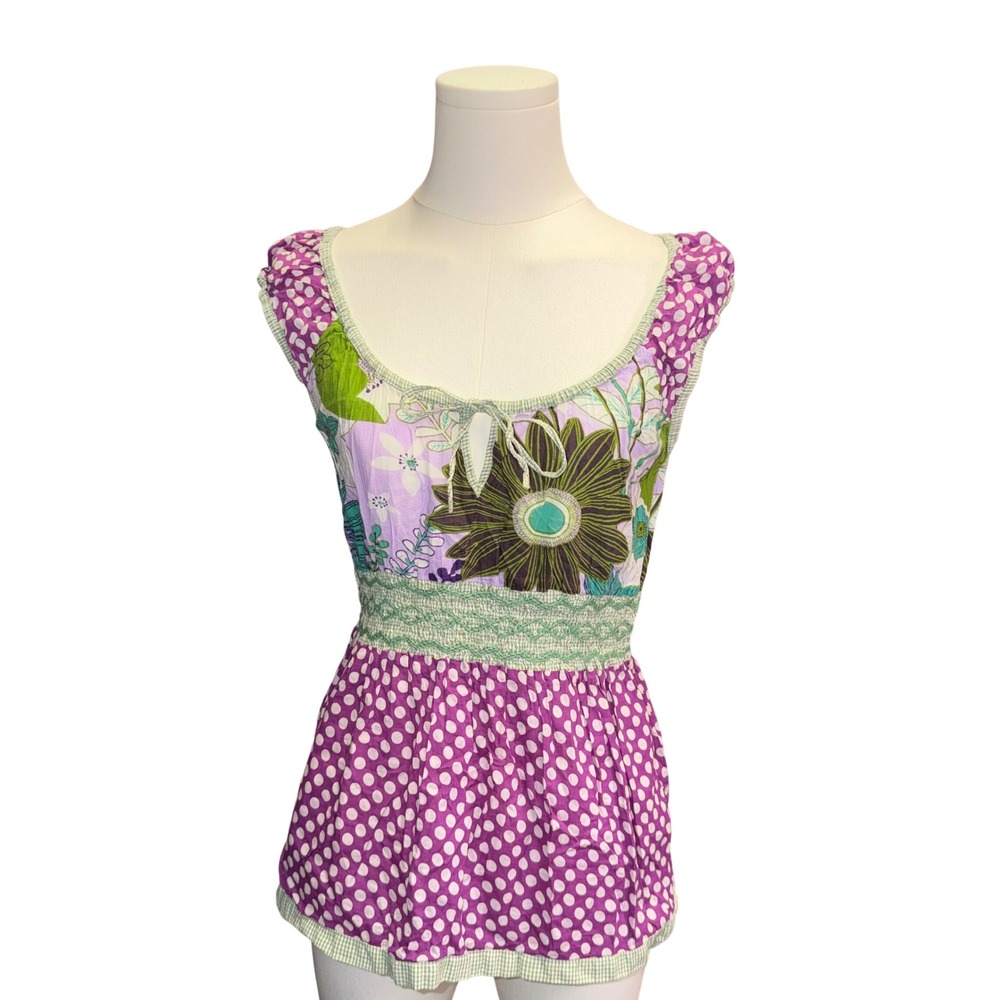 Vintage Nouska Y2K Mixed Print Peplum Top XS Floral Polka Dot Fairycore Blouse
